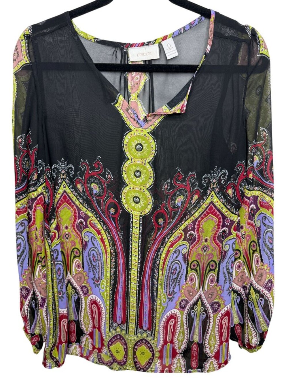 Chicos Size 0 S Black Sheer Paisley Blouse Boho Artsy Tunic Eclectic Resort
